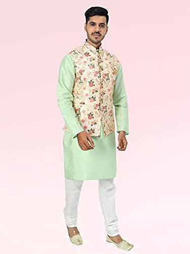 Image of Uri and MacKenzie Men's Silk Blend Regular Kurta Churidar Pyjama with Bundi Nehru Jacket /Waistcoat
