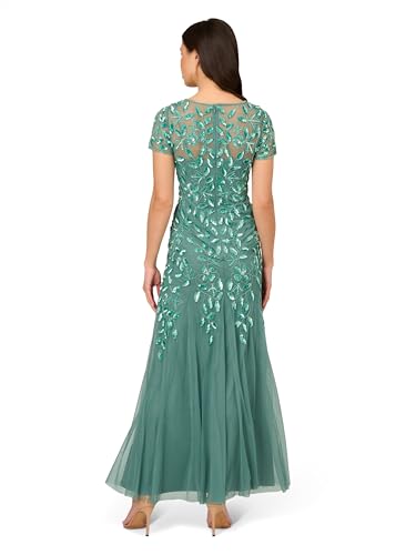 Image of Adrianna Papell Women's Beaded Gown with Godets - Floor Length Gown with Floral Embellishments & Cap Sleeves