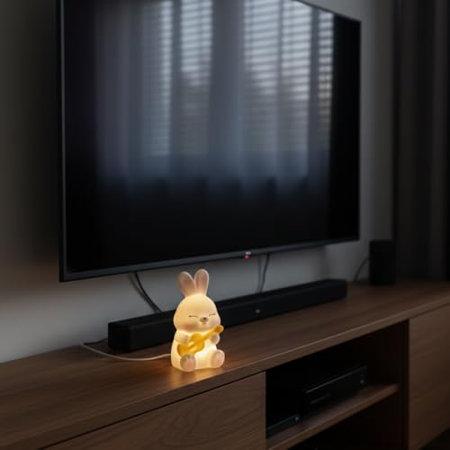 Image of Cute Guitar Rabbit Night Light Lamp - Yellow LED Decorative Lamp for Kids, Teens & Adults - Adorable Gift for Birthday, Valentine's Day, Christmas - Battery Included