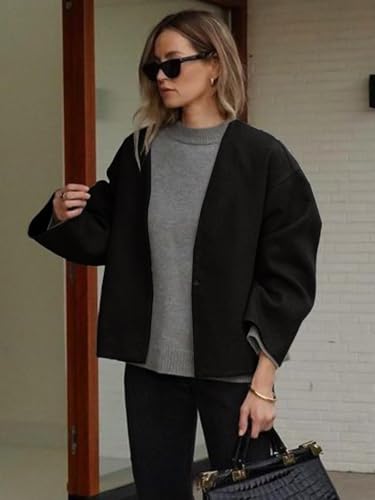 HOTIAN Women Cropped Wool Blend Coats Long Sleeve Coat Jacket Peacoat Fall Winter Outwear Overcoat Black4