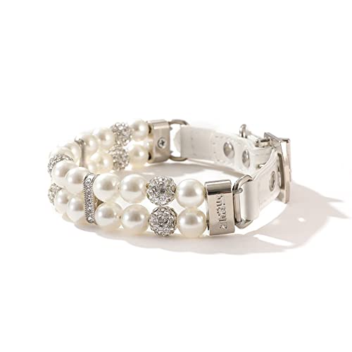 Dogs Kingdom Dog Cat Pearls Necklace Collar with Rhinestones Charm Cute Puppy Jewelry Collar with Soft Leather Adjustable,White,M:10-12″ neck Dogs Kingdom Dog Cat Pearls Necklace Collar with Rhinestones Charm Cute Puppy Jewelry Collar with Soft Leather Adjustable,White,M:10-12″ neck