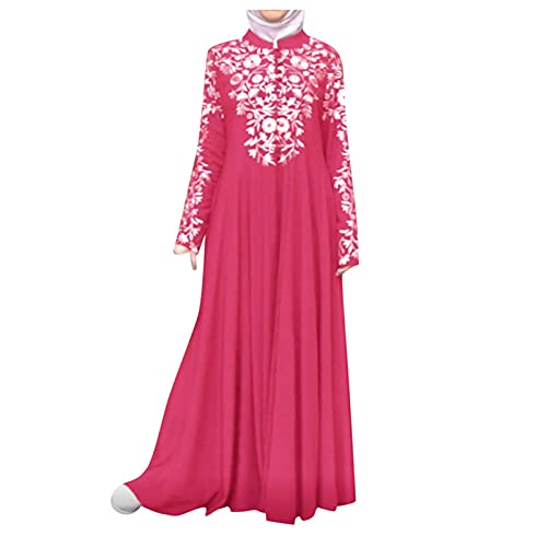 Eaktool Tie-Dye Slit Casual Dress, Women Muslim Dress Kaftan Arab Jilbab Abaya Islamic Lace Stitching Maxi Dress Midi Dress Dresses to Wear to Wedding Guest Winter New Years Dress (S, Hot Pink)