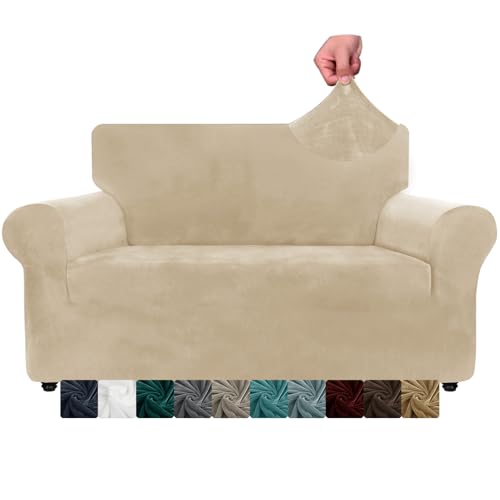 XINEAGE 1 Piece Velvet Couch Covers for 2 Cushion Couch High Stretch Loveseat Slipcover for Pets Dogs Anti Slip Love Seat Sofa Slipcover Furniture Protector (2 Seater, Camel)