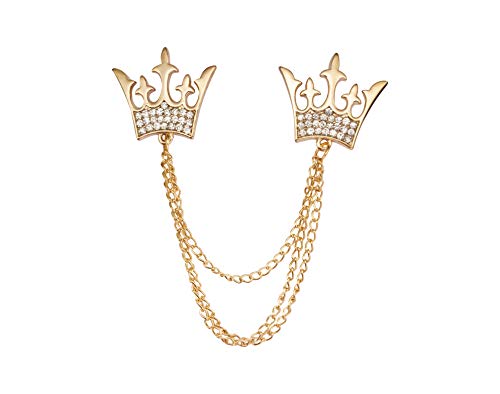 Knighthood Double Kings Crown with Stone Detailing Chain Lapel Pin Badge Coat Suit Jacket Wedding Gift Party Shirt Collar Accessories Brooch