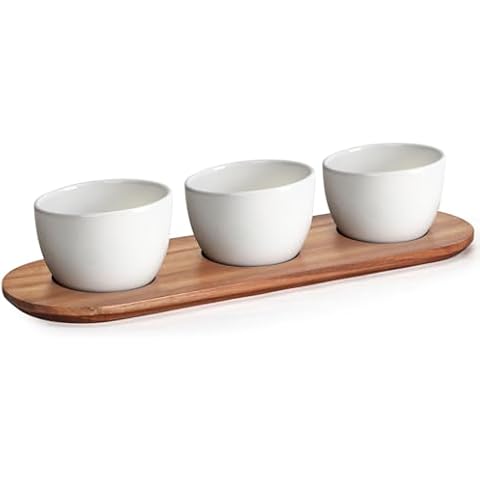 Wareland Chip and Dip Serving Set with Acacia Wooden Tray, 12oz White Glazed Ceramic Dipping Bowls, Serving Dishes for Entertaining, Small Serving Bowls for Side Dishes, Salsa, Appetizers, Condiments Cover