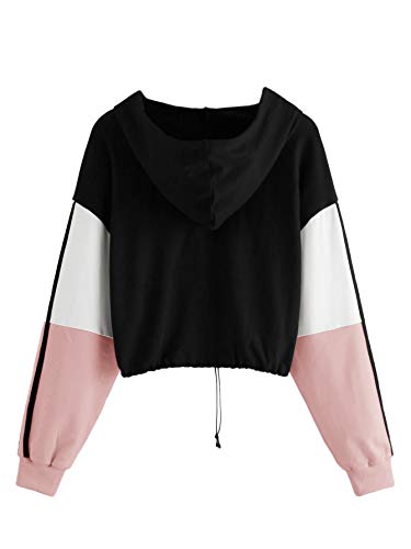 SweatyRocks Women's Casual Long Sleeve Colorblock Pullover Hoodie Sweatshirt Crop Top Pink S