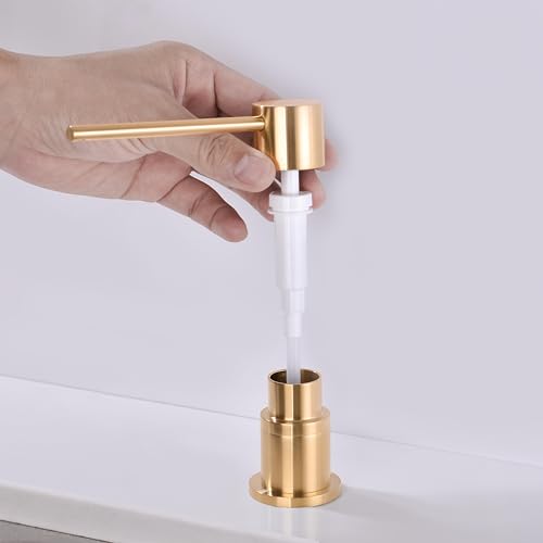 Soap Dispeserfor Kitchen Sink, Brass Pump Head Bult in Soap Dispenser, Kitchen Bathroom Sink Deck Mount Soap or Lotion Pump Dispenser Brushed Gold