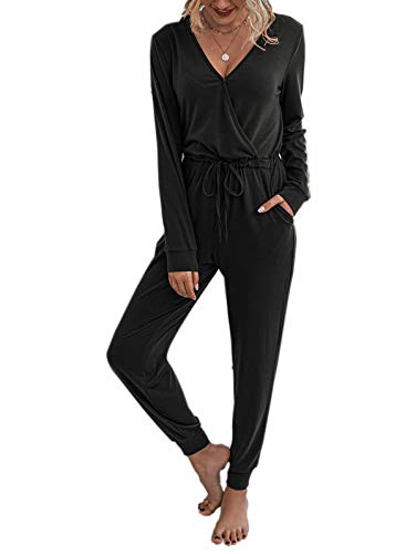 Adibosy Women Casual Long Sleeve V Neck Jumpsuit Rompers with Pockets Short Pant Rompers Playsuit Black L