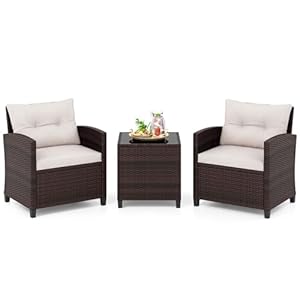 COSTWAY Rattan Gartenmöbel Set, 3-TLG. Balkonmöbel inkl. 2 Sessel, Kissen & Tisch mit gehärteter Glasplatte, Balkon Möbel klein, Wetterfeste Sitzgruppe 2 Personen, Terassenmöbel für Garten Balkon