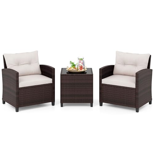 COSTWAY Conjunto Jardin Exterior de Ratán 3 Piezas, 1 Mesa Auxiliar de Vidrio Templado y 2 Sillas con Cojines, Muebles Jardin Terraza Balcon Exterior (Beige)
