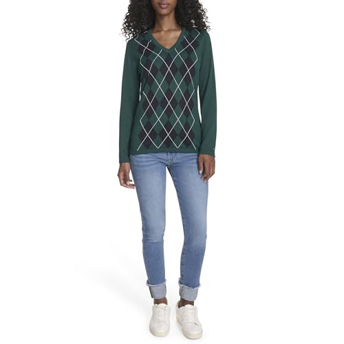 Tommy Hilfiger Women's Long Sleeve Cotton Argyle V-Neck Sweater2