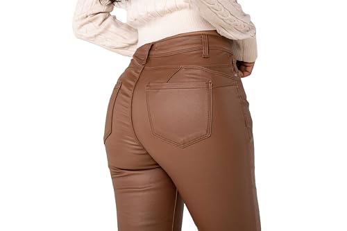 Nina Carter LC001 Damen High Waist Hose in Lederoptik Push-Up Stretchjeans, Braun (LC001-2), XS
