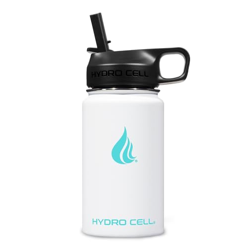 Image of HYDRO CELL Stainless Steel Sport Water Bottle with Straw - Keeps Drinks Cold & Hot via a Leak Proof Metal Triple Insulated Vacuum Flask for All Sports and Outdoors Activities (White 14oz)