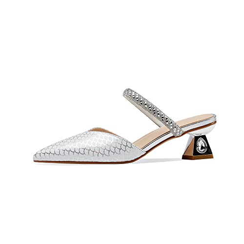 TinaCus Printed Genuine Leather Women's Pointed Toe Handmade Rhinestoes Décor Low Chunky Heels Slippers2