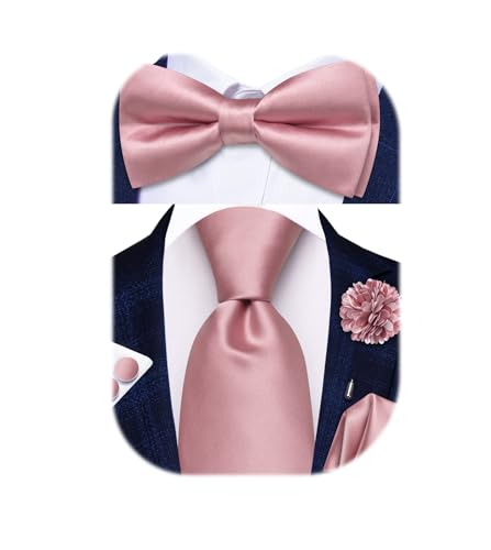 Image of Hi-Tie 5Pcs Mens Solid Color Silk Tie Satin Pretied Bowtie Lapel Pin for Men Handkerchief Cufflink Wedding Gift Box