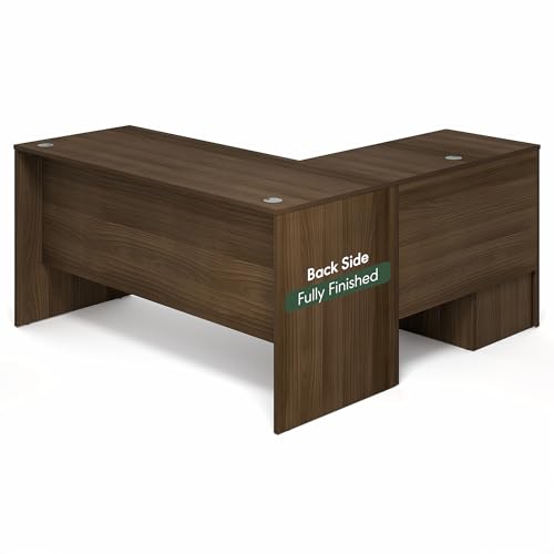 Image of Furinno Roger 60 Inch L-Shaped Executive Desk with File Cabinet, L-Shaped Office Desk with 3-Drawer Fixed Pedestal Filing Cabinet, Desk Cord Grommet, for Home Office, Modern Walnut
