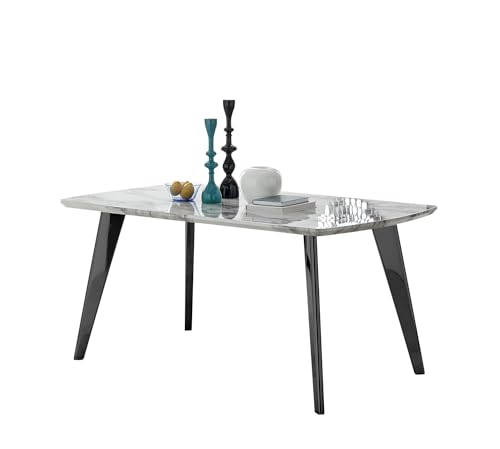 Furniturebox UK Andria Large 6 Seater White Marble Effect and Black Leg Kitchen Dining Table ONLY