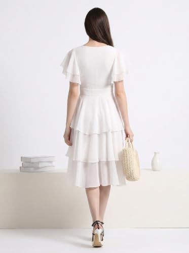 Image of Women Layered Georgette Fit & Flare Midi Dress | Round Neck Flutter Sleeve Knee Length Dress | Tiered Party Dress for Women Evening and Casual Styling