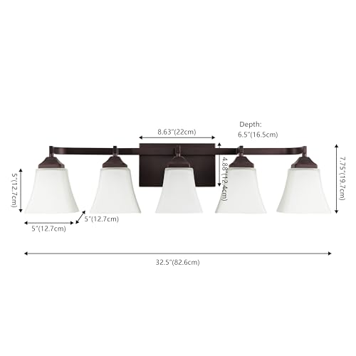 Image of JONATHAN Y 32.5 inch Oil Rubbed Bronze White 5-Light Metal Glass Rectangular Vanity Light Wall Sconce Traditional Transitional for Bathroom with Frosted Glass Shade Damp Rated LED Bulbs Included JYL7622A