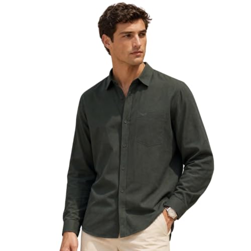 Image of Nobero Breezy Premium Linen Cotton Shirt for Men | Stylish Casual Shirts for Men | Semi Cut Collar | Box Pleat | Curved Hem | Regular Fit | Full Sleeve | S-XXXL
