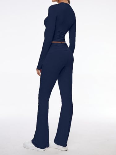 Image of AnotherChill Women's Long Sleeve Top Foldover Flare Pants Lounge Set | 2 piece cropped shirt and slim flare trousers comfy loungewear, soft modal casual matching sets, travel airport outfits
