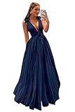 Vestidos de Fiesta de tul con Cuello en V con bolsillos Flores en 3D Plumas Vestidos de Fiesta de Noche formales US26W Navy Blue