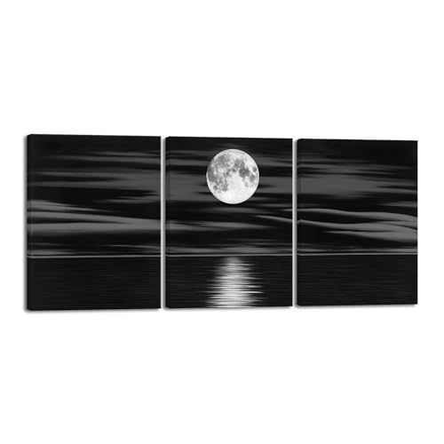 Wieco Art 3 Panel Sea White Full Moon in Night
