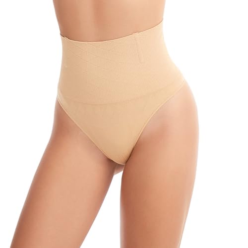COOLEAD Faja Tanga Reductoras sin Costuras - Cintura Alta, Braguita Moldeadora para Mujer - Body Shaper Tanga Braguitas (M, Beige)