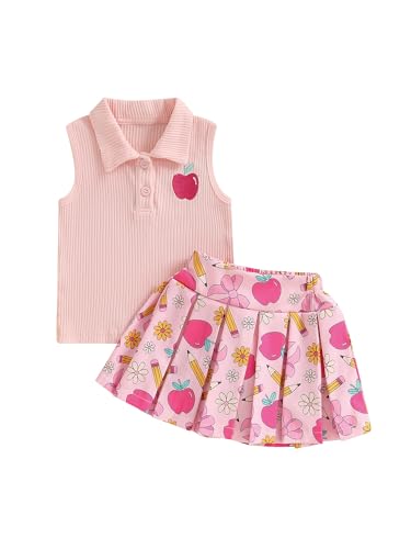 Kids Girl Back to School 2 Piece Outfits Summer Sleeveless Lapel Apple Graphic Tank Tops and Pleated Skirt Set