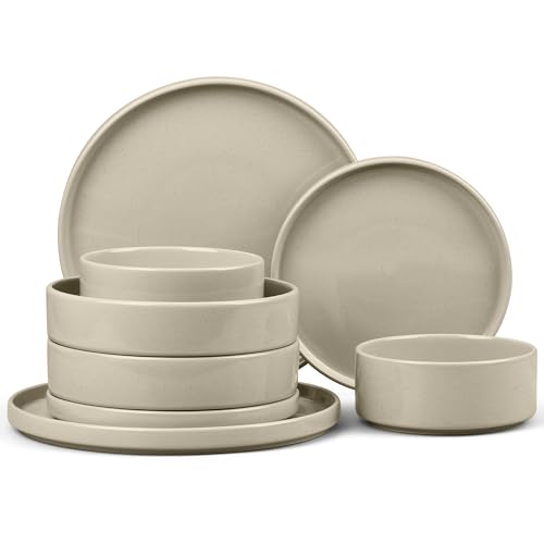 E-far 8-Piece Plates and Bowls Sets - Stoneware Dinnerware Sets with Pasta Bowls for 2 | Microwave & Dishwasher Safe Kitchen Modern Dish Set, Speckled Khaki