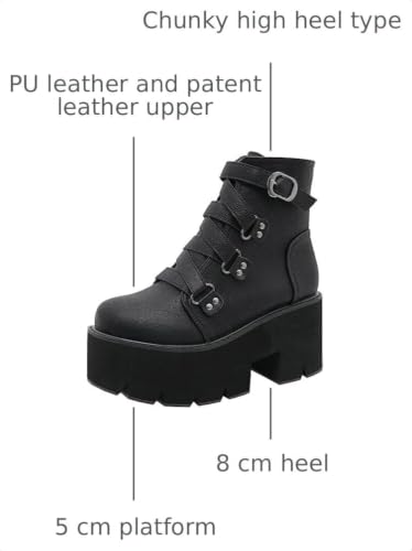 Image of Parisuit Womens Goth Patent Ankle Boots Platform Chunky Combat Boots | Lace Up, Gothic Boots, High Heel, Punk Short Booties, Buckle Boots, Chain Boots