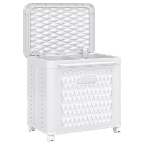 VECELO Rolling Laundry Hamper with Wheels and Lid, Foldable Plastic Laundry Basket with Handle, Rolling Divided Laundry Cart for Small Spaces, Laundry, Bathroom, Bedroom, White