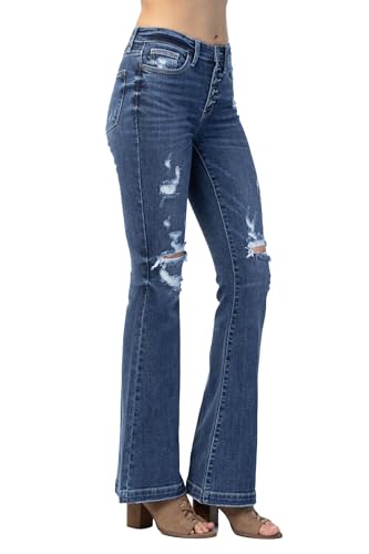 Judy Blue Women's Mid-Rise Button Fly Trouser Flare Jeans with Destroyed Details3