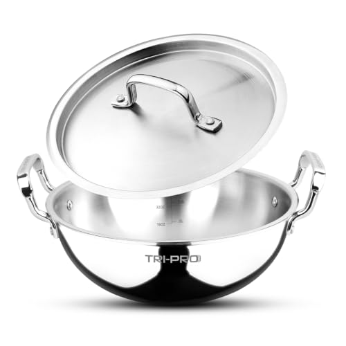 Bergner TriPro 24cm (3.10L) Tri-Ply Stainless Steel Deep Stir-Fry Pan Kadai with Lid Healthy Cooking with Less Oil Metal Spatula Friendly Wok Stay-Cool Handles Induction & Gas Stove Compatible