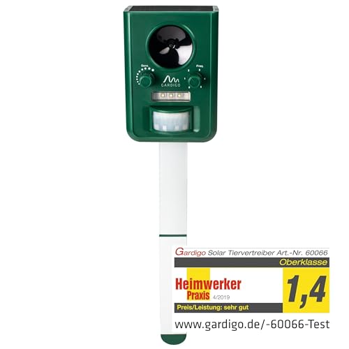 GARDIGO® Tiervertreiber Ultraschall Solar | Katzenschreck und Marderabwehr mit Blitzlicht | Multifrequenz Gerät, 5 Modi, Gesamtfläche ca. 75m² (ca. 9 m, 110°) | Inklusive Batterien & USB-Ladekabel