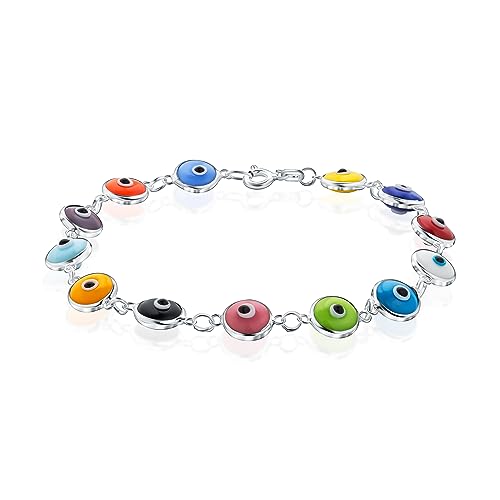 PORI JEWELERS 925 Sterling Silver 6MM Multicolored Evil Eye Bracelet for Women - 7.5 inches