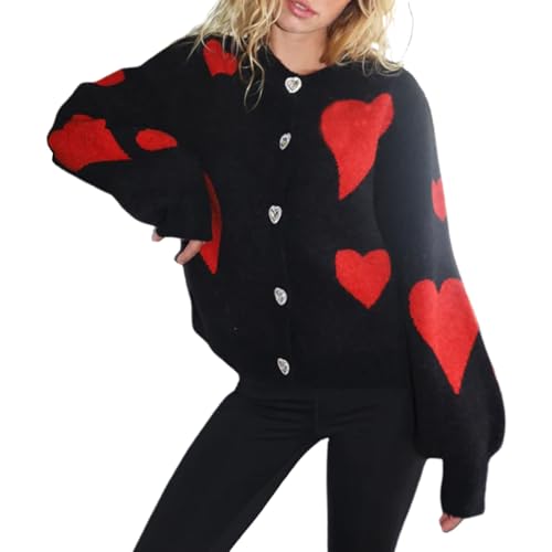 Women's Cute Cardigan Sweater Valentine Love Heart Print Y2K