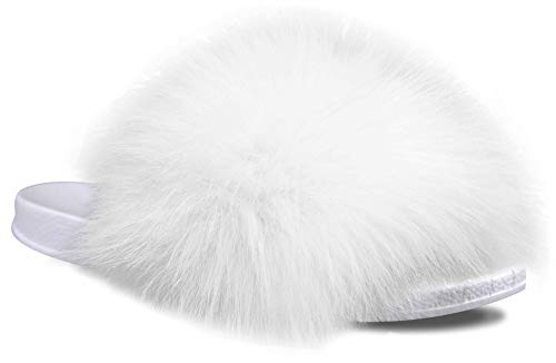 Image of Faux Fur Slides for Women, Fuzzy Slippers Fluffy Sandals Furry House Shoes Indoor Outdoor