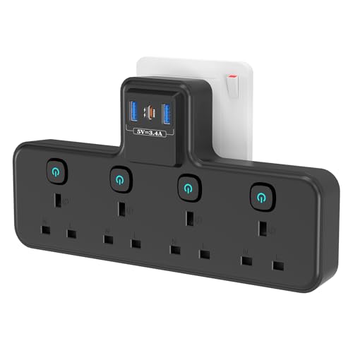 Multi Plug Extension Socket with PD20W USB C Slot 4 Way Plug Adapter with Independent Switches 3 USB PASSUS 13A 3250W UK Wall Adaptor Built-in Surge Protector for Home Office Kitchen