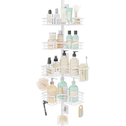 SWTYMIKI Duschregal Teleskop Dusche Teleskopstange - 4-Tier Teleskop Eckregal Dusche mit Seifenhalter, Zahnbürstenhalter und 4 Haken, verstellbarer Edelstahl Duschablage Ohne Bohren Ecke, 70-275cm