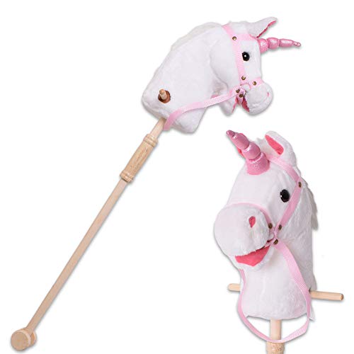 TE-Trend Poney à Chevaucher, Licorne Son Enfants Hobby Cheval de Bois Spielpferd Stockpferd Bois Stock Rouleaux 96 CM Beige Cover