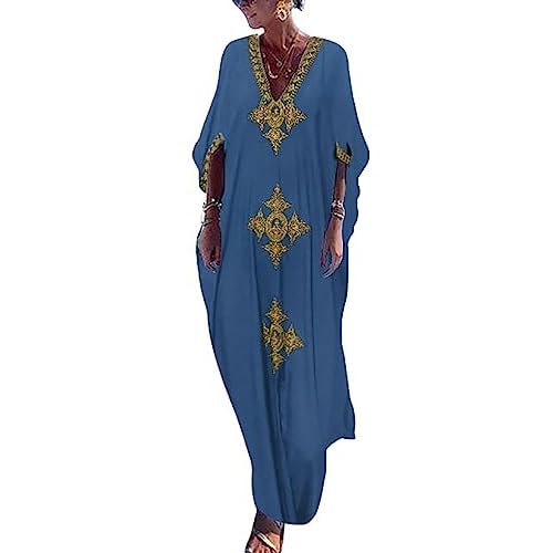 Bsubseach Gold Embroidery Long Kaftan Dresses V Neck Caftan Dress Beach Cover Ups for Women Embroidery W-blue