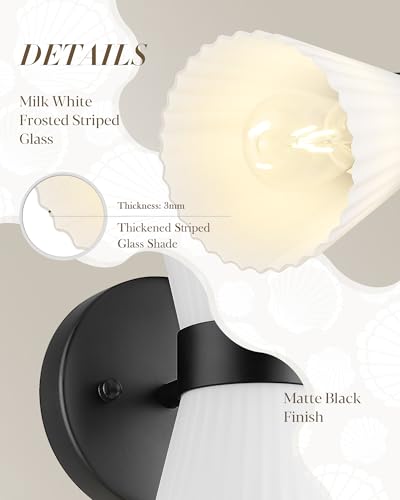Image of Black Wall Sconces Set of Two, HWH Modern Wall Light Fixtures Indoor Wall Lamp Up and Down, Matte Black Finish with Frosted Milk White Striped Glass Shade, 5HZG97B-2W-2PK BK