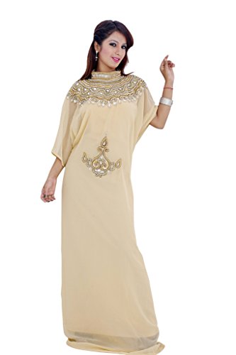 IndianAttire Women's Dubai Style Kaftan Farasha Abaya Maxi Dress Beige - N3