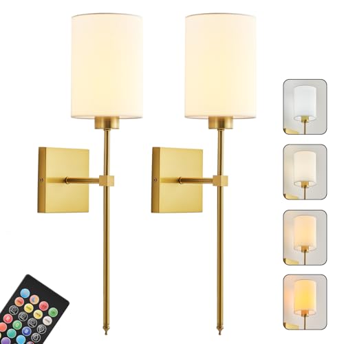 Image of Battery Operated Wall Sconce Set of Two,Wireless Rechargeable Wall Lights With Remote Control,Dimmable,4 CCT,RGB,Timer, Cordless Decor Lighting for Living Room, Bedroom, Entryway, Gold, 23.6 Inch