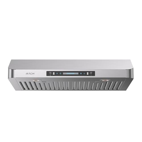 Image of IKTCH Under Cabinet Range Hood 36 Inch,390-CFM Ducted Kitchen Vent Hood with 2 LED Light, 4 Speed Gesture & Touch & Remote Control, Silver Stainless Steel, with 2 Pcs Baffle Filter