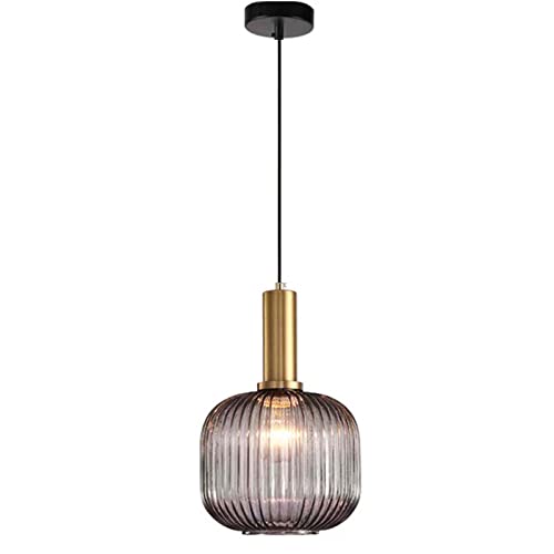 S-Cevada Luz Colgante de Pantalla de Vidrio Acanalado, Lámpara Colgante de Techo Retro Moderna con Acabado de Latón, Araña de 1 Luz para Cocina Comedor Dormitorio (20cm, Gris) Cover