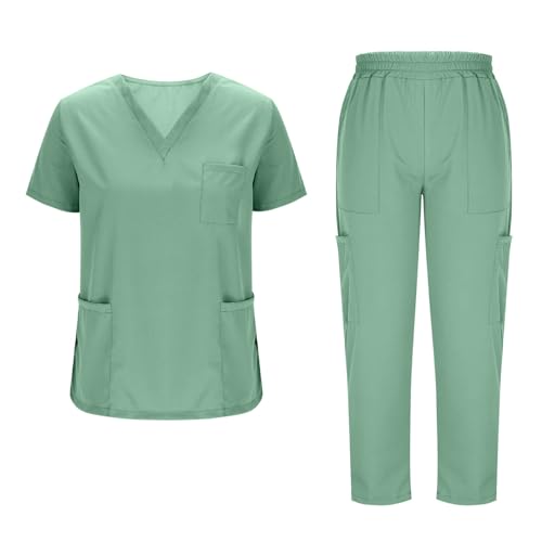 Uniforme Sanitario Mujer,Conjunto de Uniformes Médicos para Mujer Cuello V Trabajo Médico Manga Corta y Pantalón Largo con Bolsillos Uniformes de Enfermería Color Sólido Ropa Trabajo Rebajas