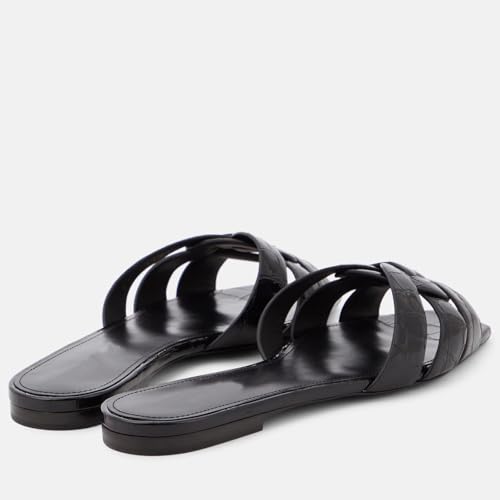 Image of THESHY Women's Flat Sandals Square Toe Patent Leather Comfortable Slip on Slippers Casual Summer Dressy Beach Slide Sandals for Women