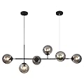 KCO Lighting 6-Light Mid Century Modern Rectangle Sputnik Chandelier Black Farmhouse Linear Chandelier Glass Globe Pendant Light Vintage Kitchen Island Lighting (Black+Smoke Gray)